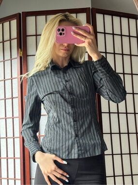 Classic Black Pinstripe Button-Down Shirt - Women's